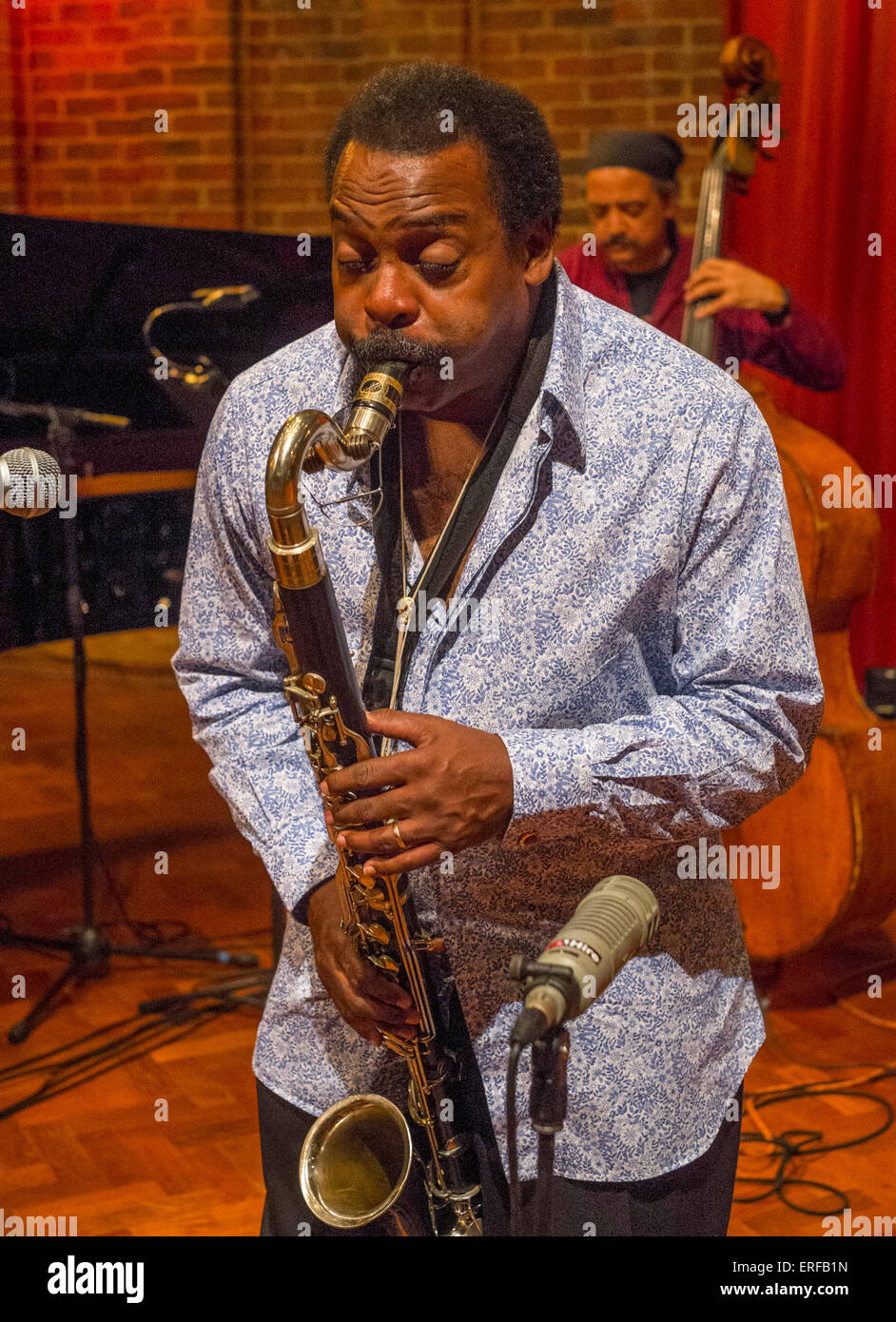 David Murray playing bass clarinet during sound checks with his