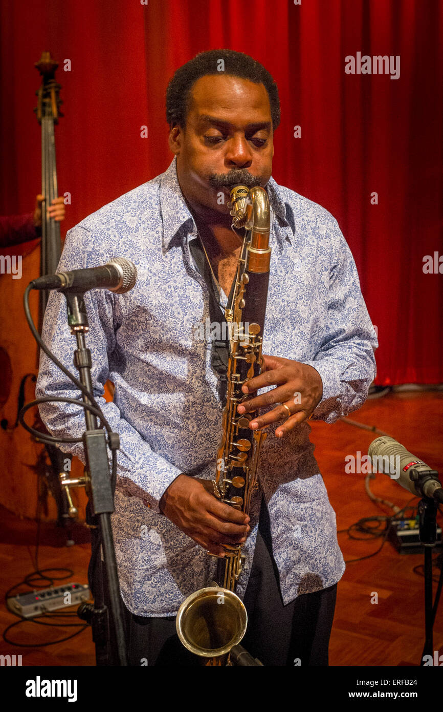 David Murray playing bass clarinet during sound checks with his