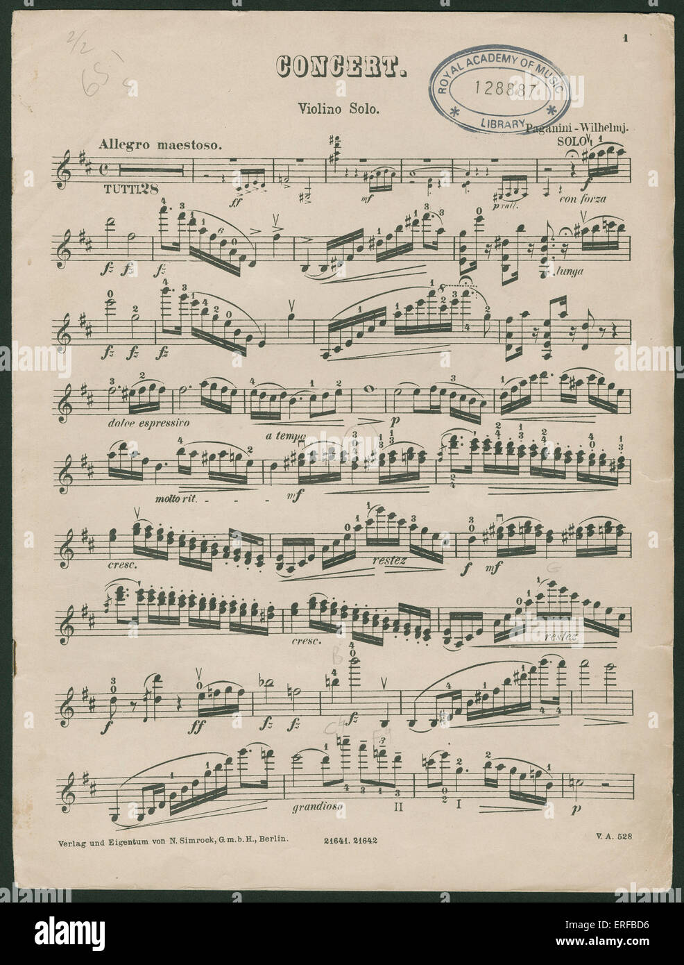Paganini Violin Concerto No 1, op 6, violin solo. Composed probably between  1817 and 1818. Niccolo ( or Nicolo ) Paganini Stock Photo - Alamy