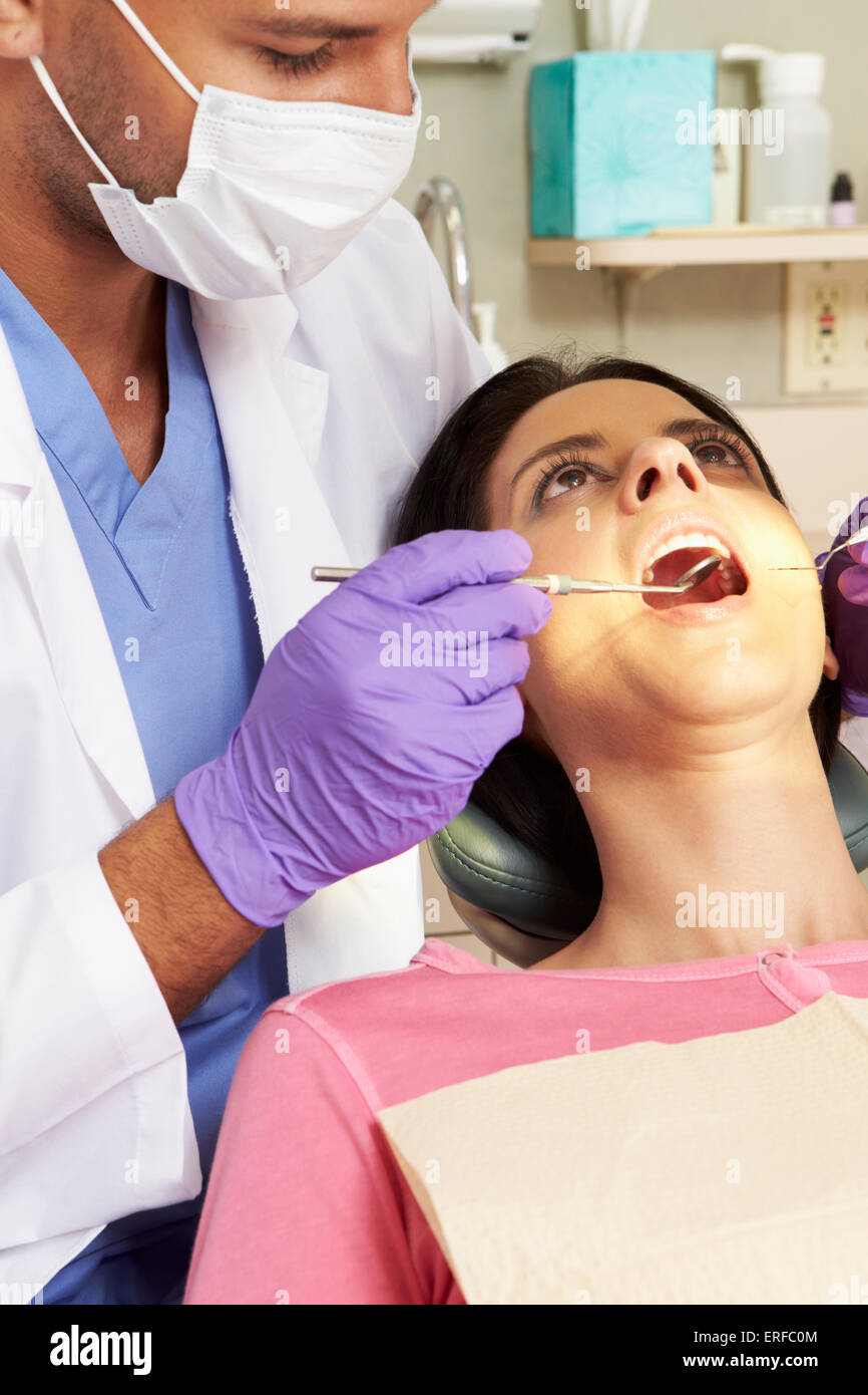 Woman Having Check Up At Dentists Surgery Stock Photo