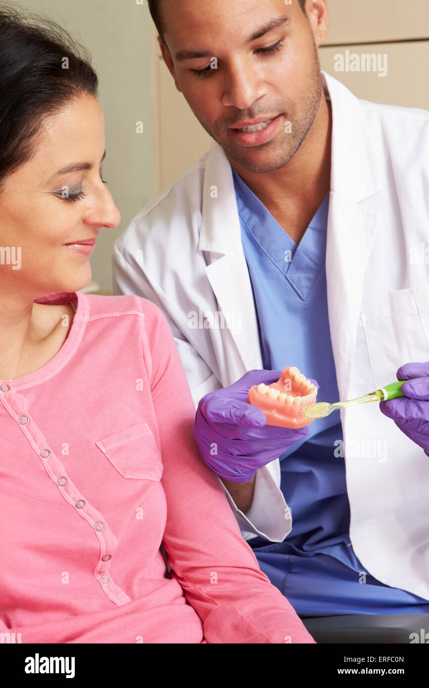 Dentist Demonstrating How To Brush Teeth To Female Patient Stock Photo Alamy