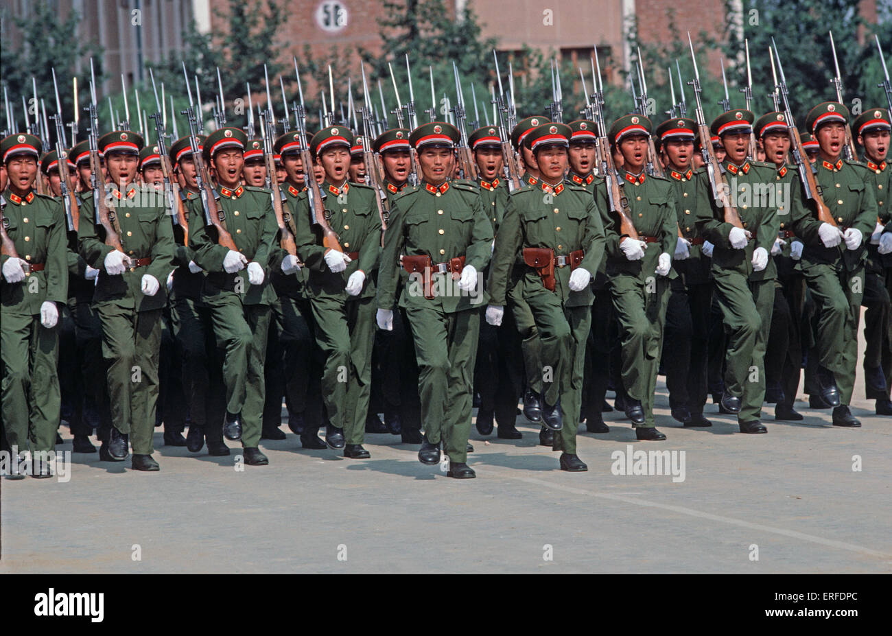 Peoples Liberation Army officers drilling at Shijiazhuang Military Academy, Hubei province, China, 1985 Stock Photo