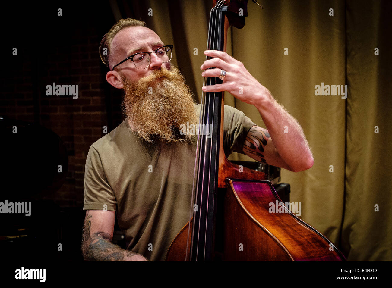 Australian bass player Rex Horan during sound checks with the Neil
