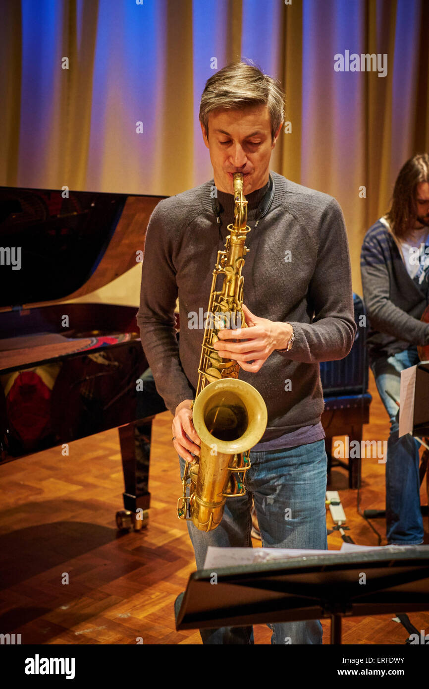 Dave O'Higgins playing tenor saxophone during sound checks with the