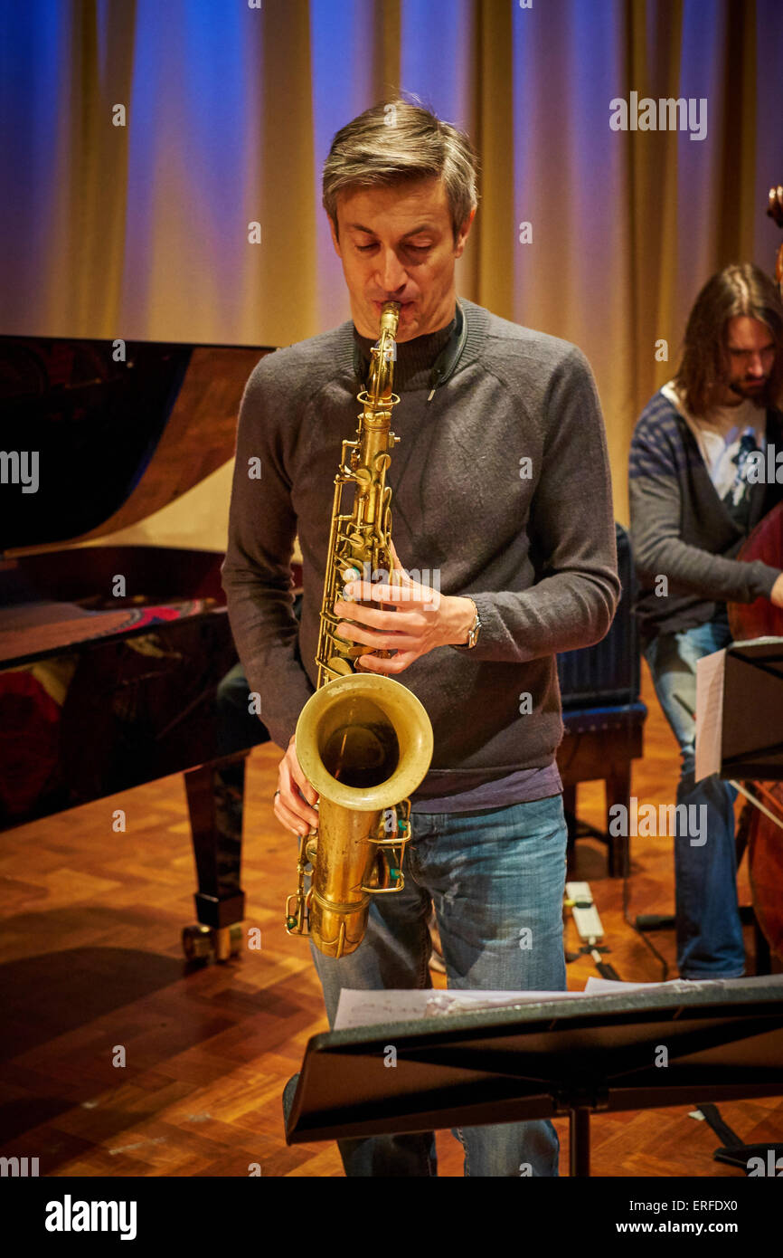 Dave O'Higgins playing tenor saxophone during sound checks with the