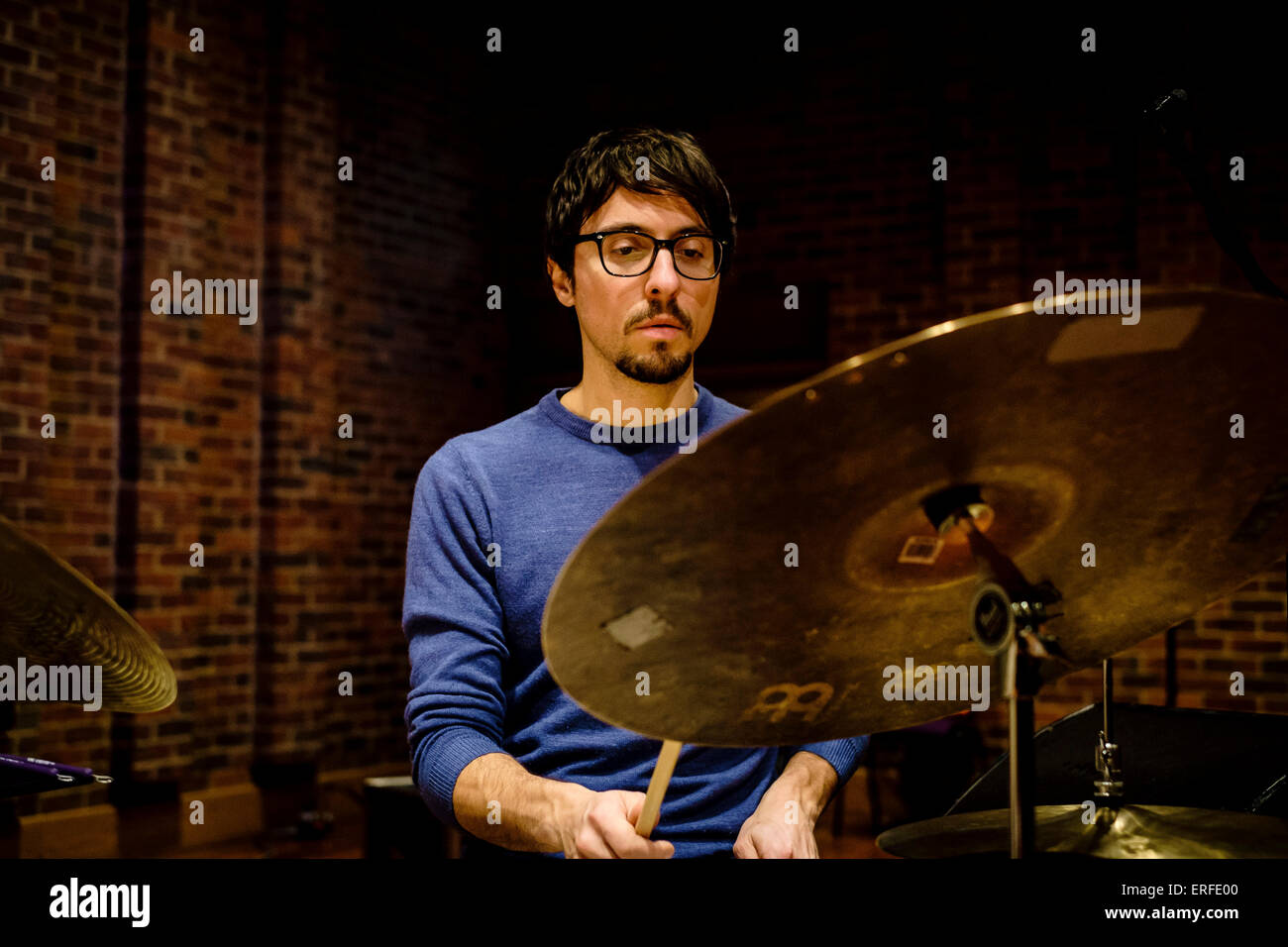 Italian drummer Dario Congedo during soundchecks with the Kekko