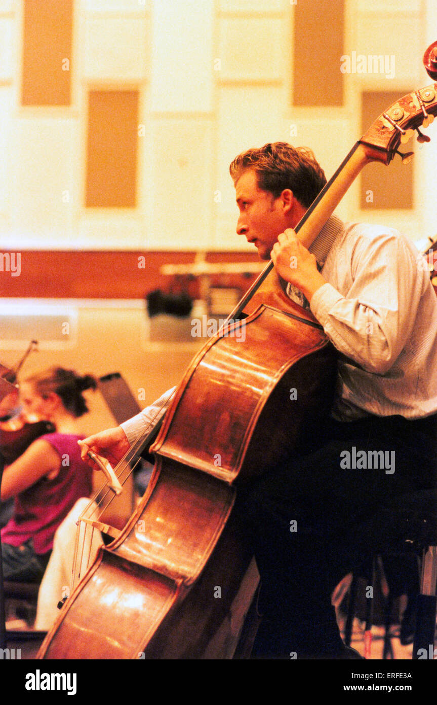 Double bass player in BBC National Orchestra of Wales rehearsing. Stock Photo