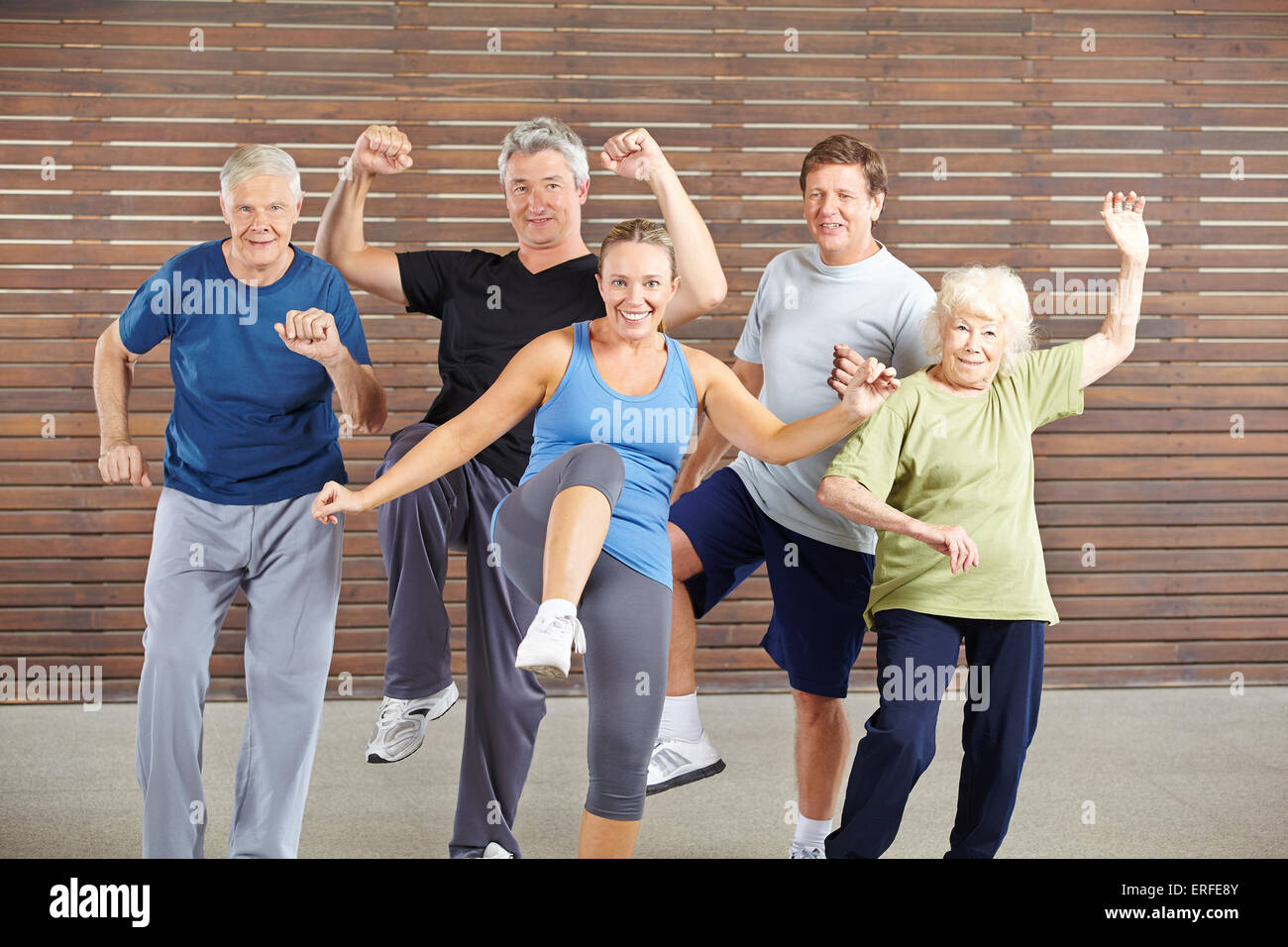 Happy group of senior people at piloxing class in a gym Stock Photo