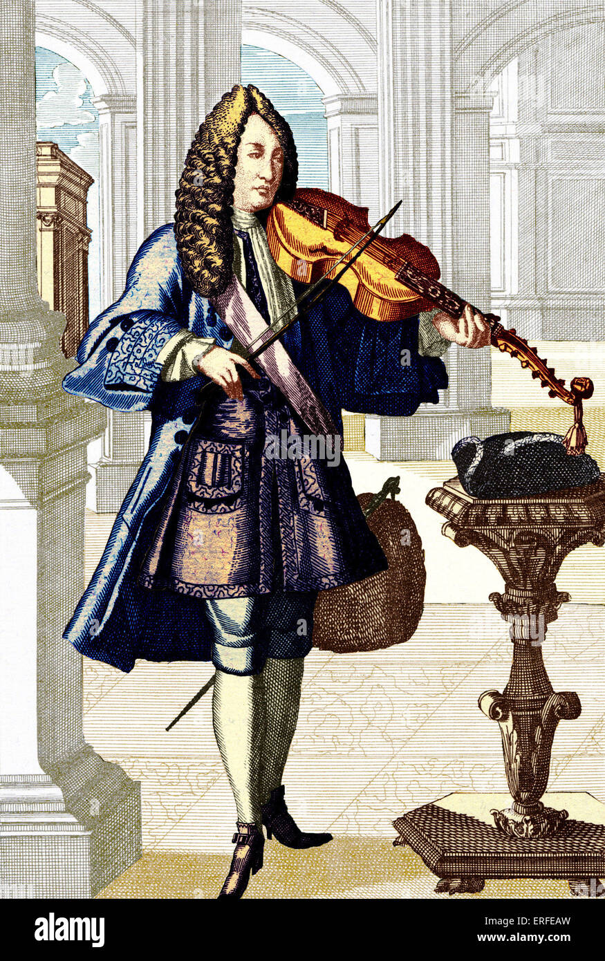 Man playing the viola d'amore (viol d'amour). Engraving by J.C. Weigel (1661-1726) from 'Musikalisches Theatrum' .  COLOURED Stock Photo