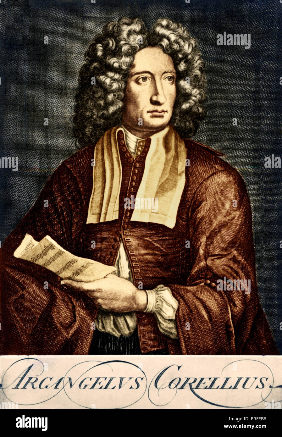 Arcangelo Corelli holding score (colourised version) by John Smith after H. Howard.  Italian composer & violinist, 1653-1713 Stock Photo