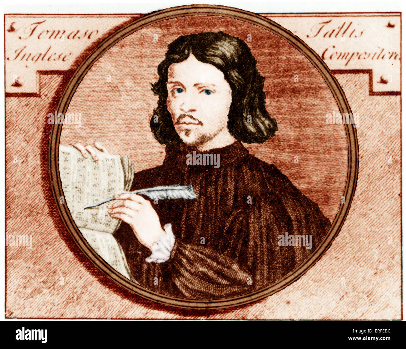 Thomas Tallis writing his music. Engraving by by Van der Gucht c.1700 Coloured version. Entered service of  Queen Elizabeth who Stock Photo