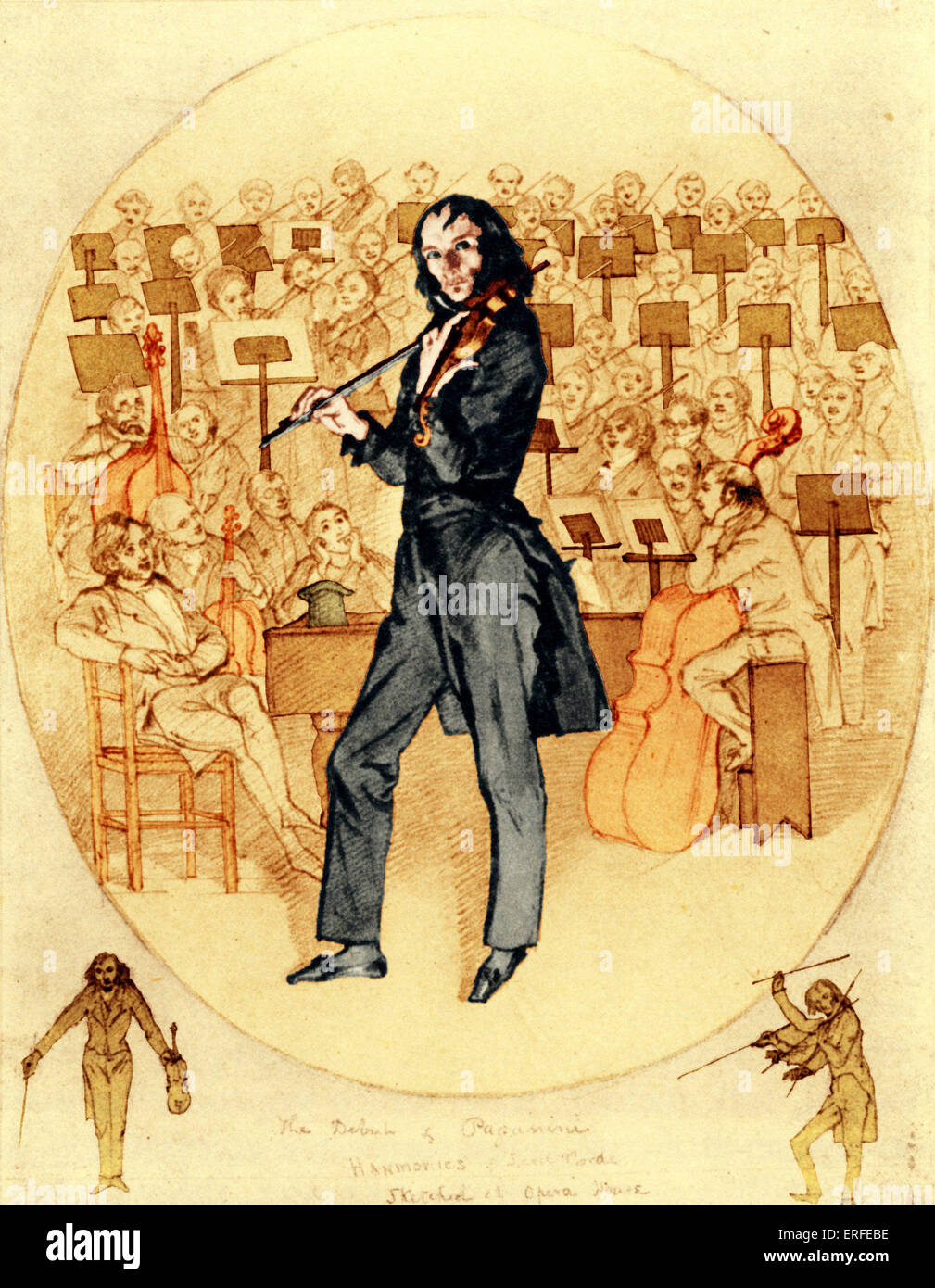 Niccolo Paganini playing the violin in front of an orchestra.        Italian violinist and composer (1782-1840). Stock Photo