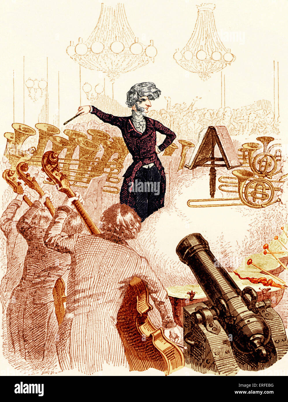 Hector Berlioz conducting orchestra with cannon shooting  off in the middle. Caricature by Grandville, 1846.          French Stock Photo