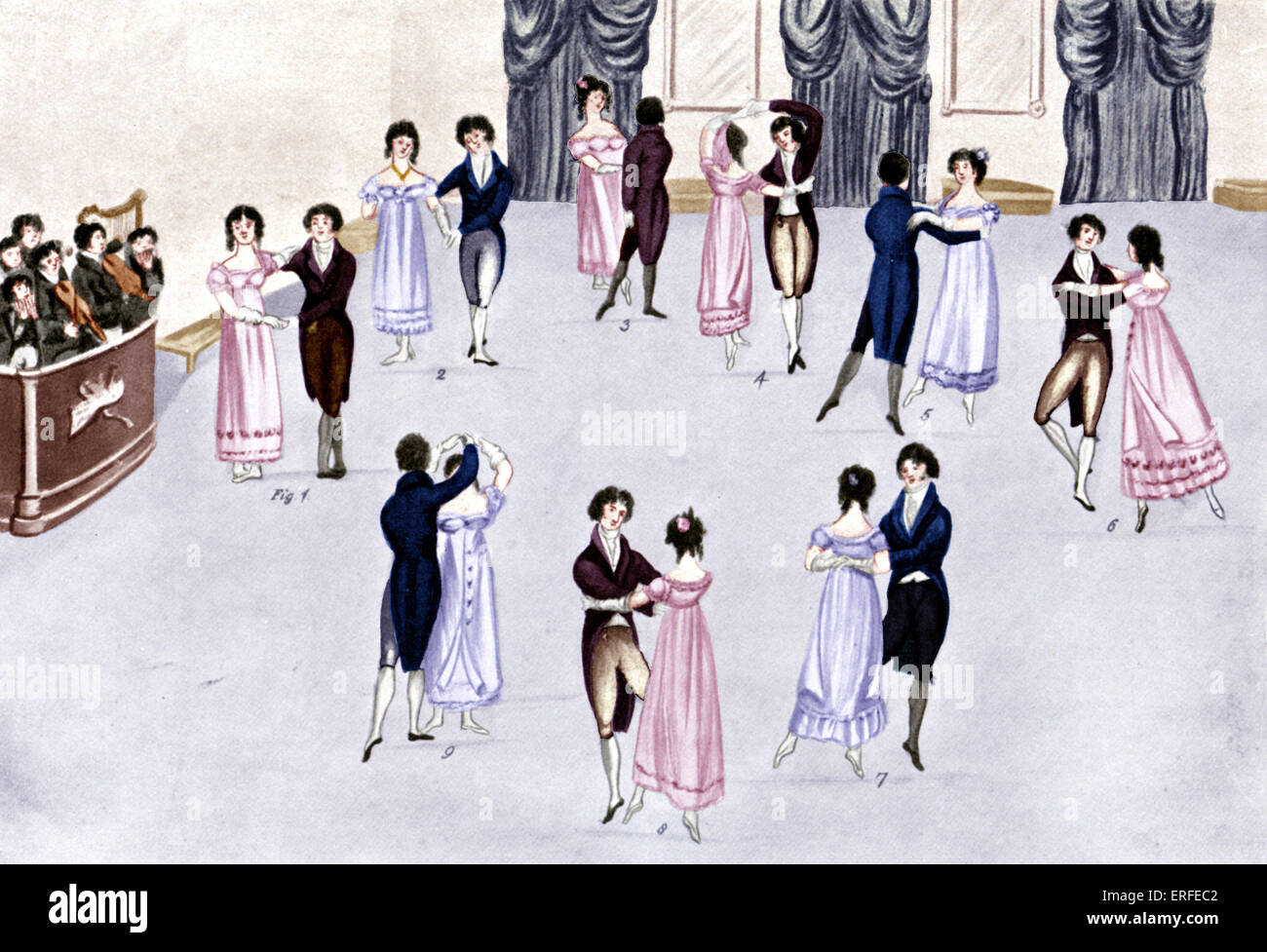 Waltzing couples in early 19th century. Taken from the reference plate to Wilson's 'Description of German & French Waltzing' Stock Photo