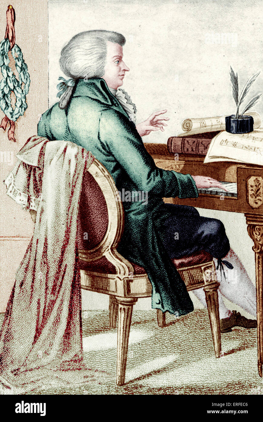 Wolfgang Amadeus Mozart composing at the piano by Johann Bosio. Austrian Composer (1756-1791). Stock Photo