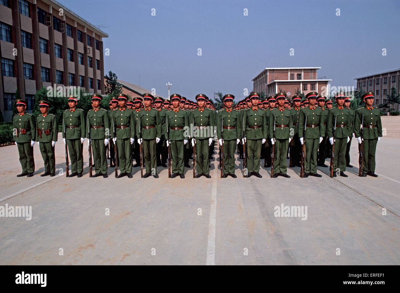 Peoples Liberation Army officers drilling at Shijiazhuang Military Academy, Hubei province, China, 1985 Stock Photo