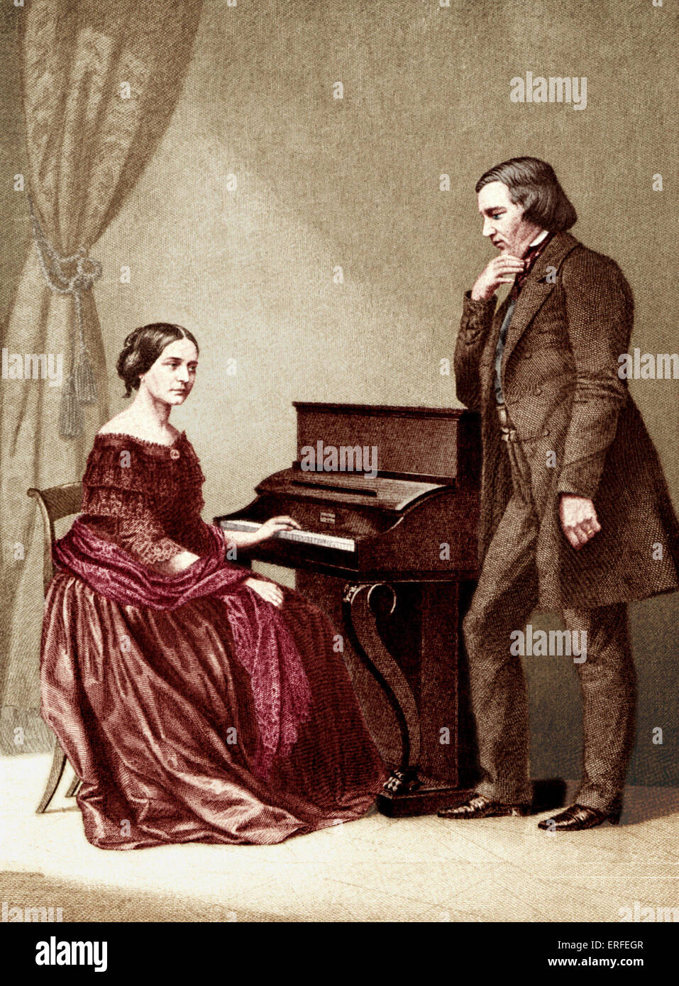 Robert and Clara Schumann, 1850. Hamburg daguerreotype. Colour version. Clara Schumann 1819-1896-German pianist and composer Stock Photo