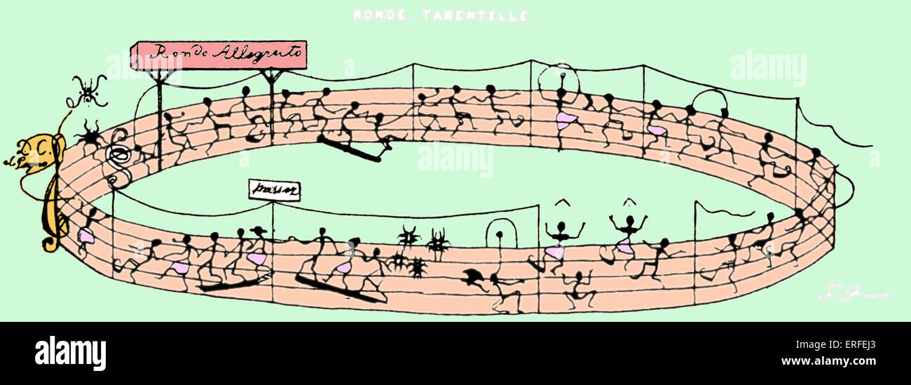 'Ronde -Tarentelle':  round dance score humorously illustrated with small human figures representing the notes and performing Stock Photo