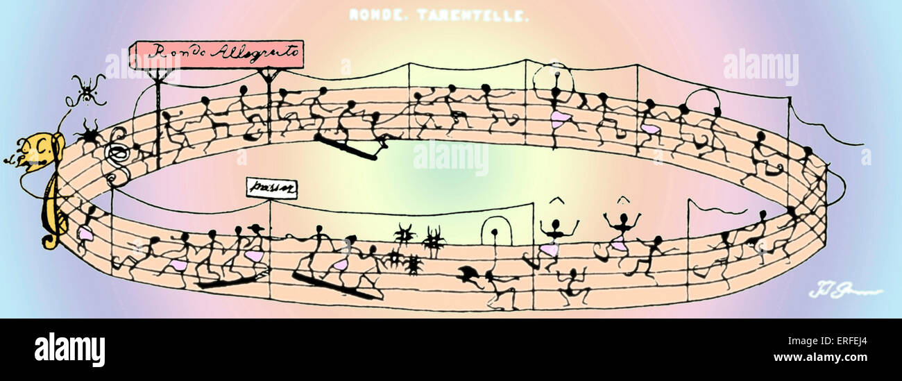 'Ronde -Tarentelle':  round dance score humorously illustrated with small human figures representing the notes, and performing Stock Photo
