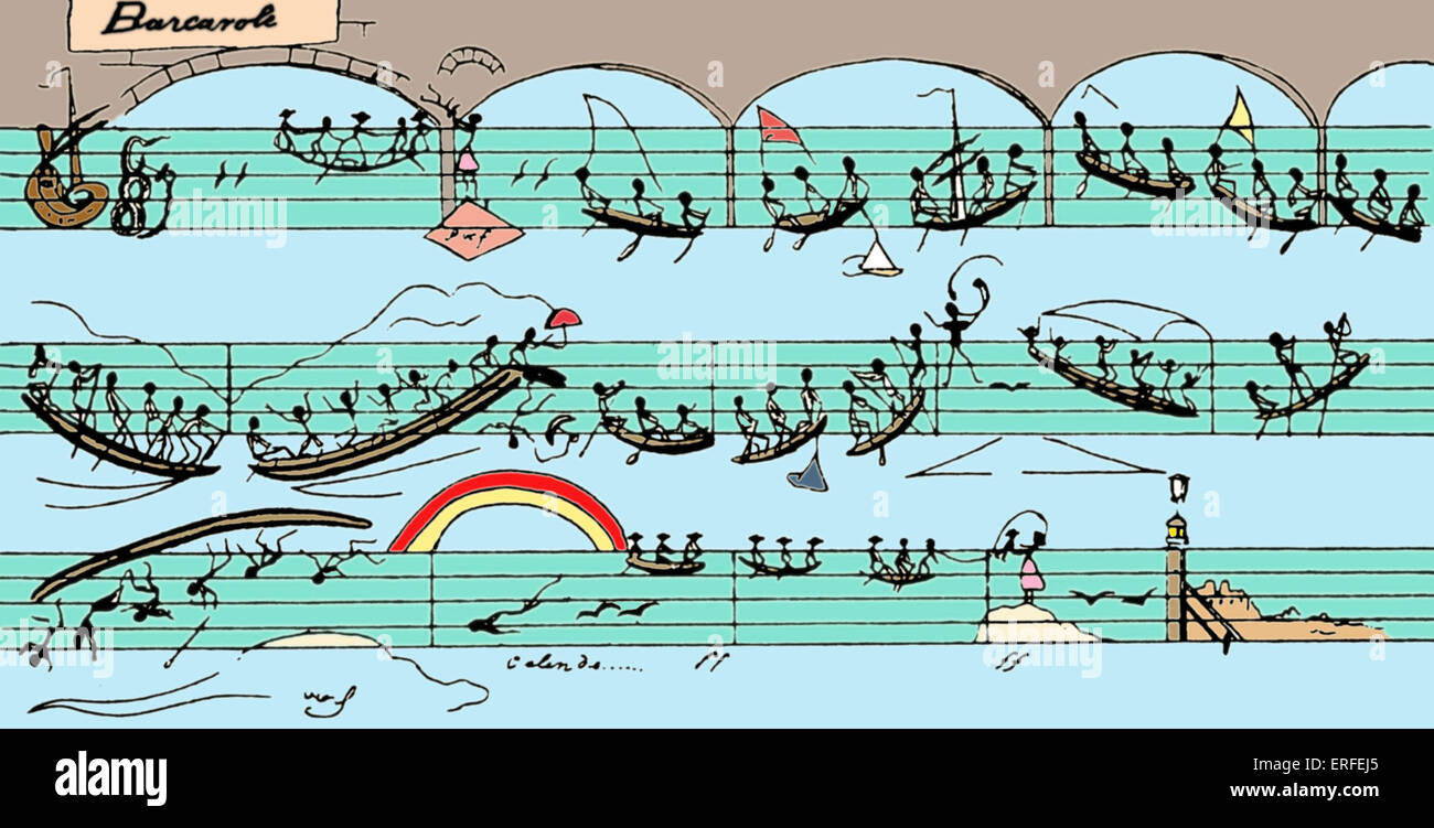 'Barcarolle': score humorously illustrated with small figures on the staves representing the movement of the boats, as well as Stock Photo