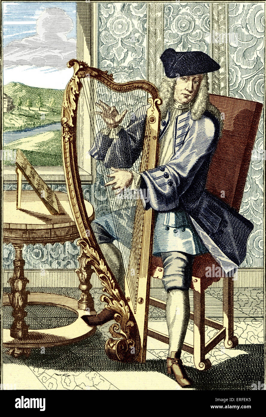 Man playing Harp from 'Musicalisches Theatrum'. Engraving by J C Weigel (1661-1726). Stock Photo