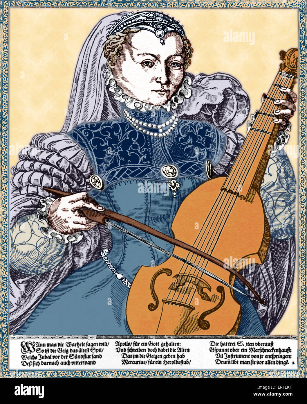 Engraving of woman playing treble tenor viol, Mid 16th Century. Stock Photo