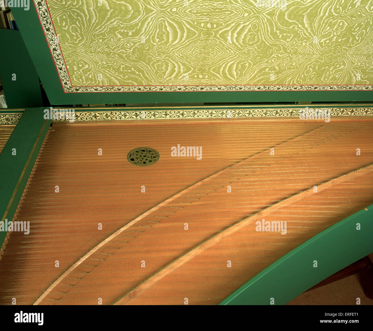 Harpsichord with open lid, showing strings, soundboard and soundholes