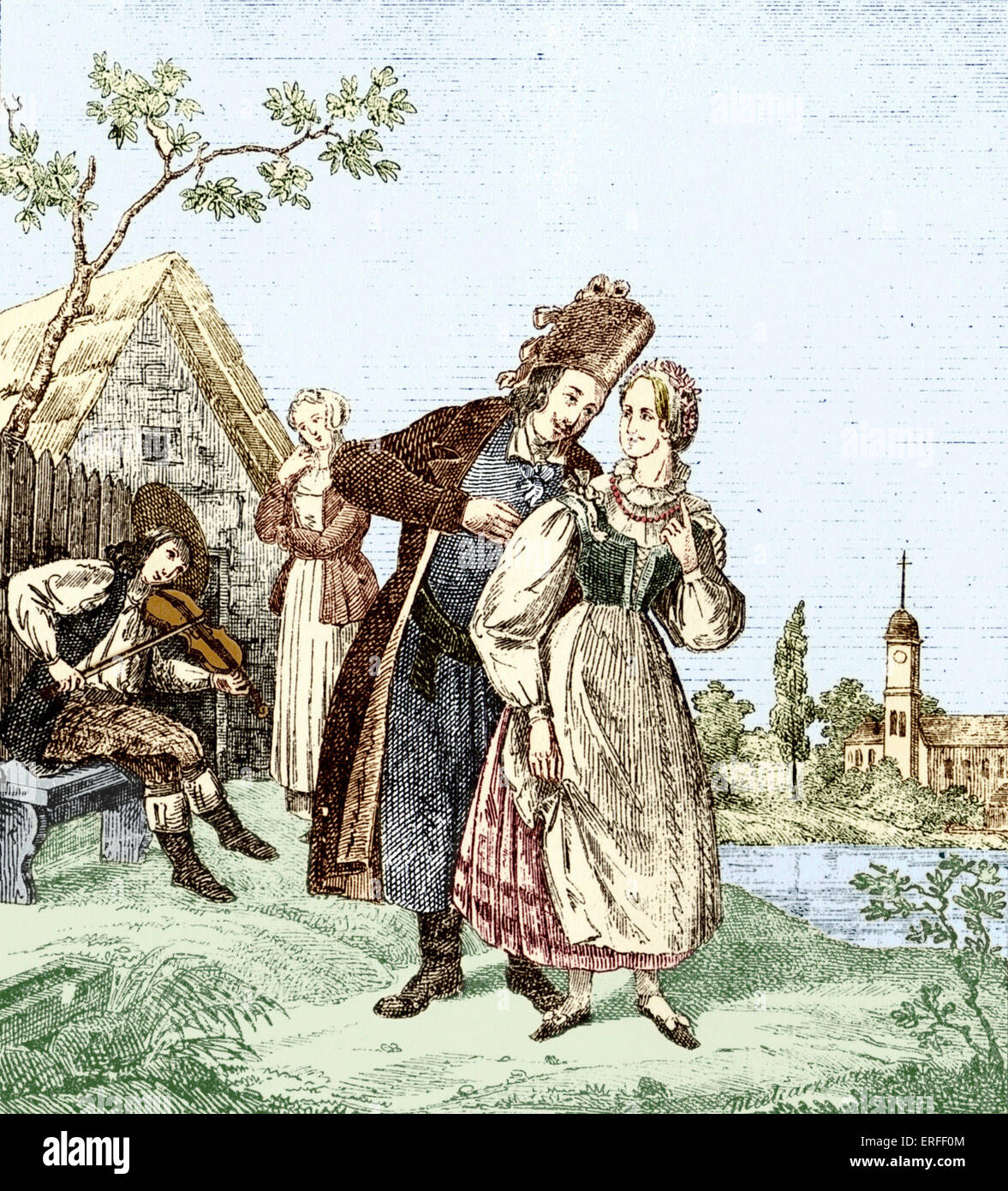 DANCE - Polish couple dancing to violin Violin played by gypsy. 'Country folk from the Poznan District, 1836. Artists unknown. Stock Photo