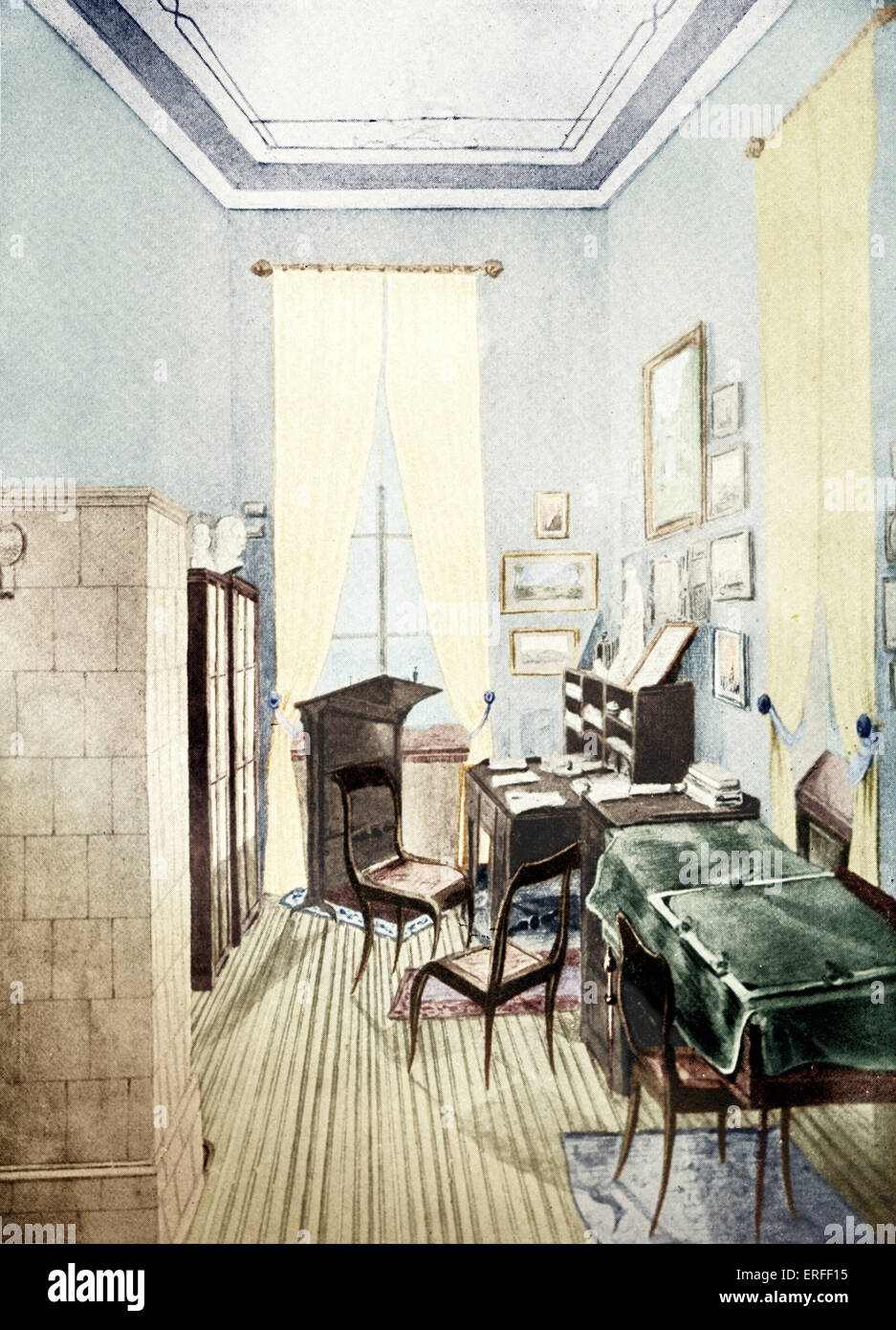 Felix MENDELSSOHN'S  workroom in Goldschmidtstrasse 12, Leipzig. piano covered with cloth. German composer, 1809-1847 Stock Photo