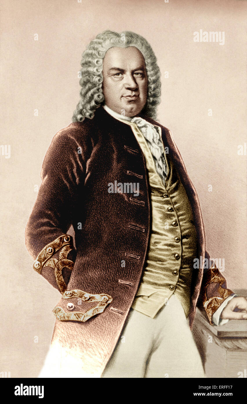 Johann Sebastian Bach Drawing on postcard. Colourised.     German composer & organist, 21 March 1685 - 28 July 1750 Stock Photo