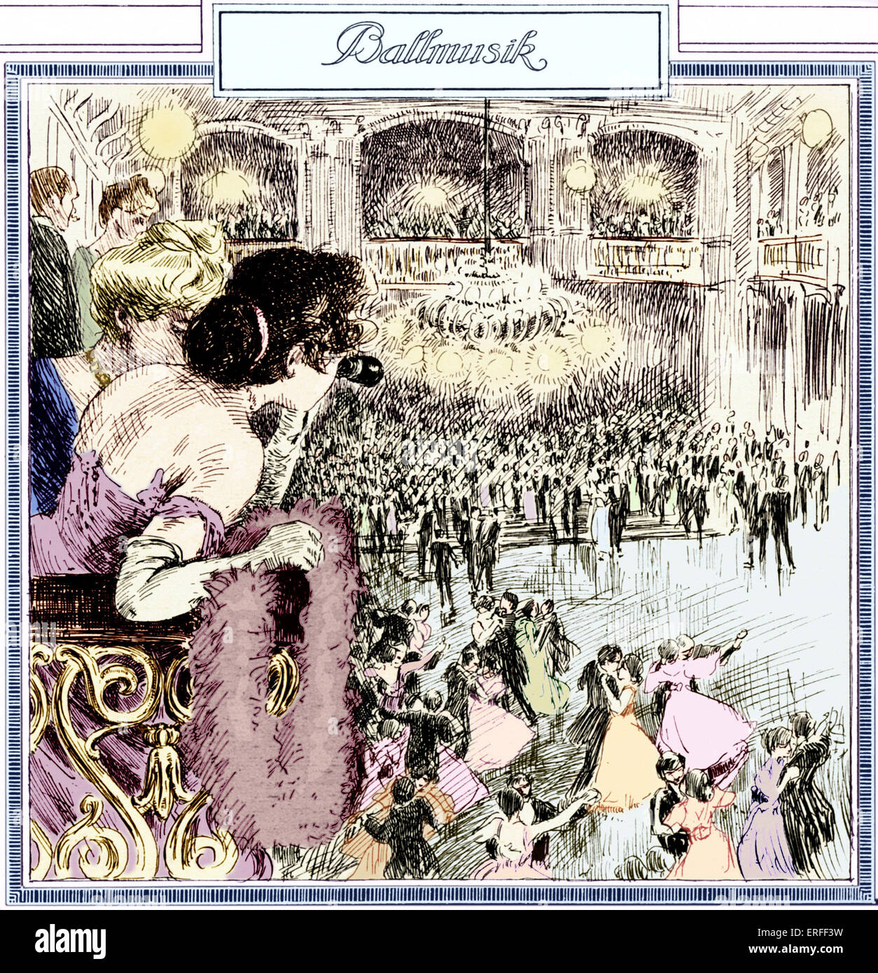 Waltz in pre World War I Vienna.  Lady sitting on balcony looking through opera glasses at couples dancing in ballroom below. Stock Photo