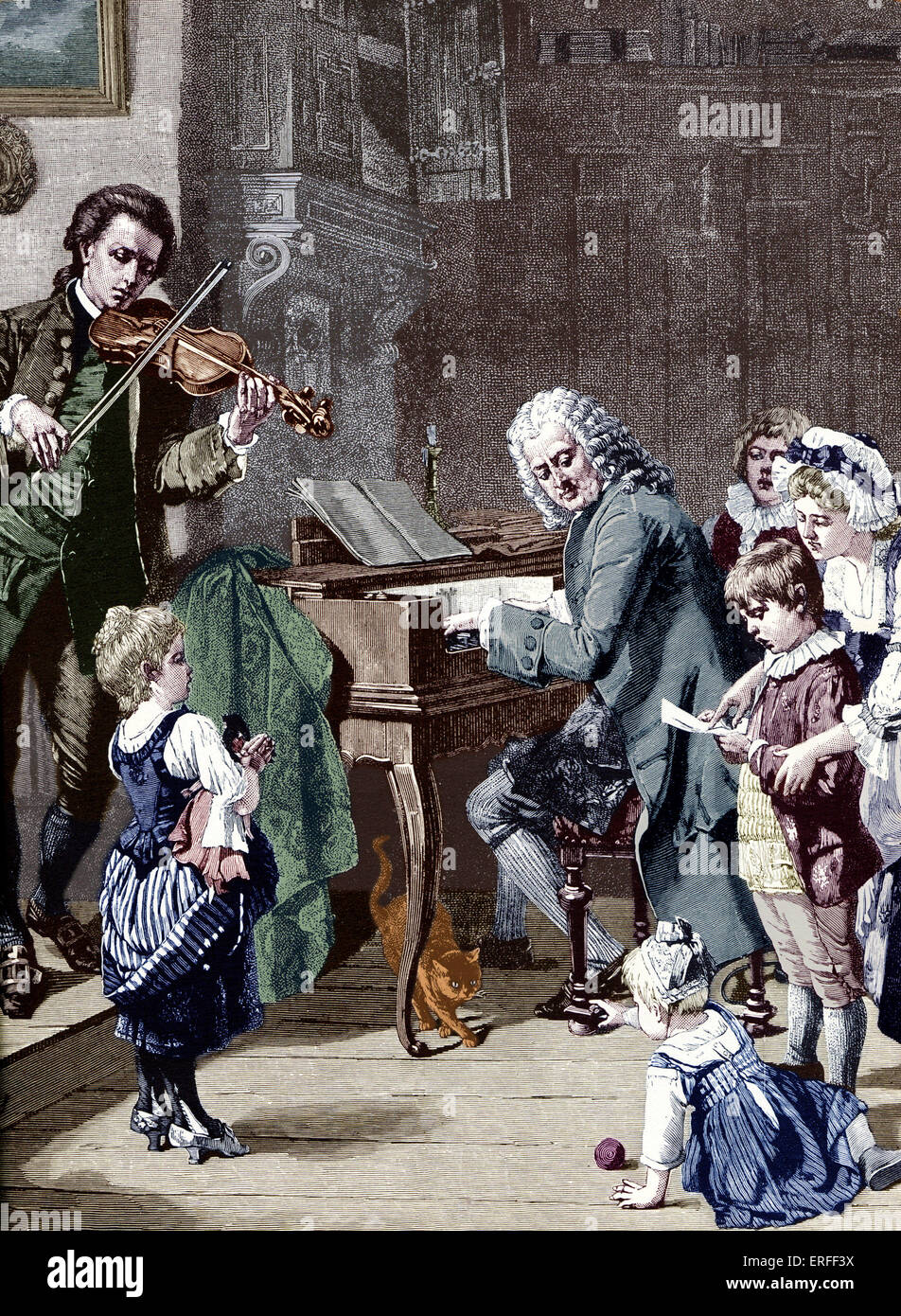 Johann Sebastian Bach at the clavichord, with his family at morning prayers. Woodcut. One of Bach's sons at the violin and Stock Photo