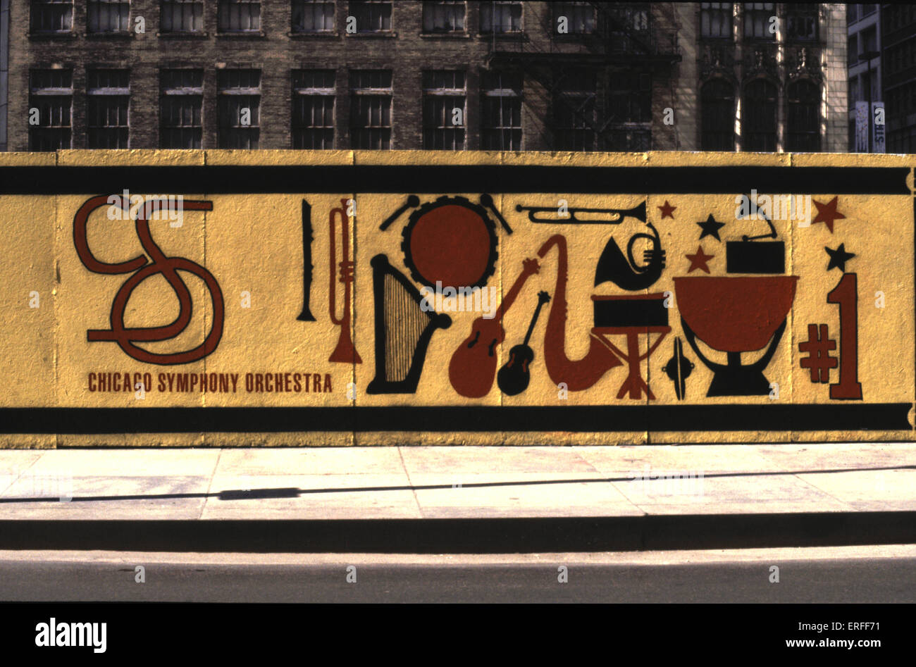 Chicago Symphony Orchestra mural depicting various instruments - saxophone, guitars, drums, trumpets, harp and clarinet Stock Photo