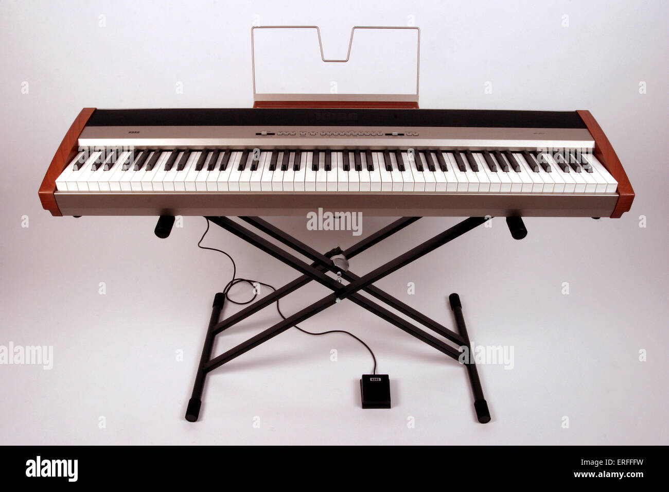 Digital piano with sustaining pedal. Korg SP300 with integral speaker  system Stock Photo - Alamy