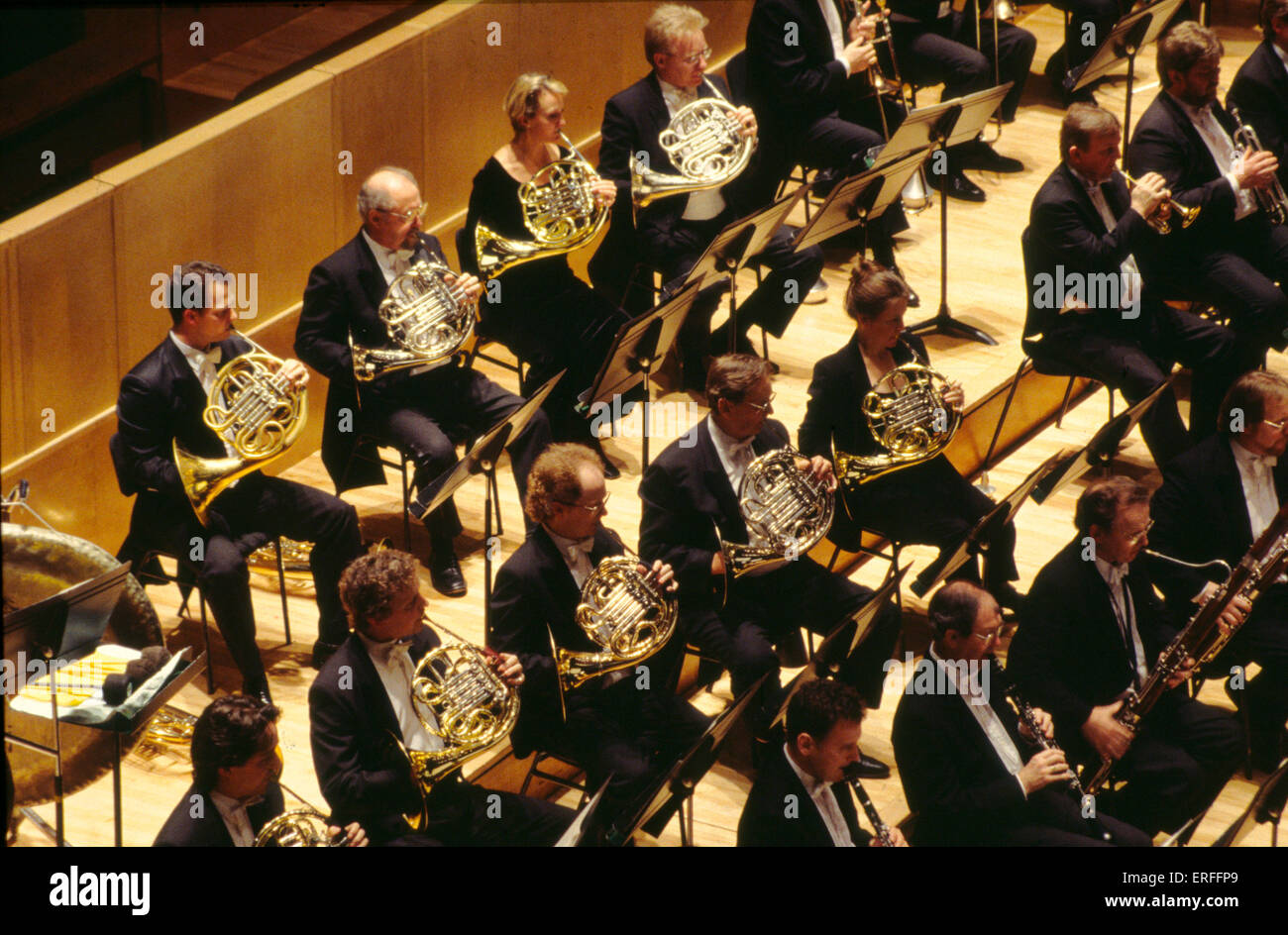 French horn orchestral section - London Philharmonic Orchestra Royal Festival Hall, London - 1999 Stock Photo