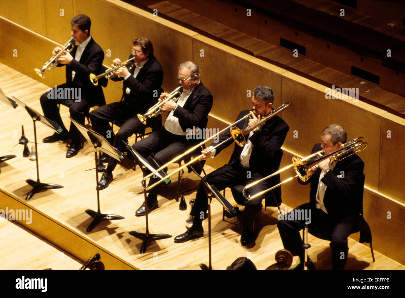 Trumpet and trombone orchestral section - London Philharmonic Orchestra Royal Festival Hall, London - 1999 Stock Photo