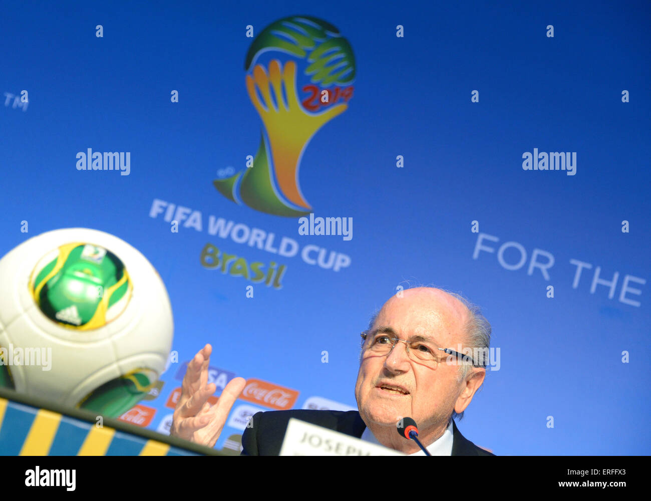 FIFA president Joseph Blatter attends a press conference following the meeting of the Organising Committee for the FIFA World Cup 2014 in Costa do Sauipe, Brazil, 03 December 2013. The final draw for the preliminary round groups of the 2014 FIFA world cup Brazil will be held on 06 December 2013. Photo: Marcus Brandt/dpa Stock Photo