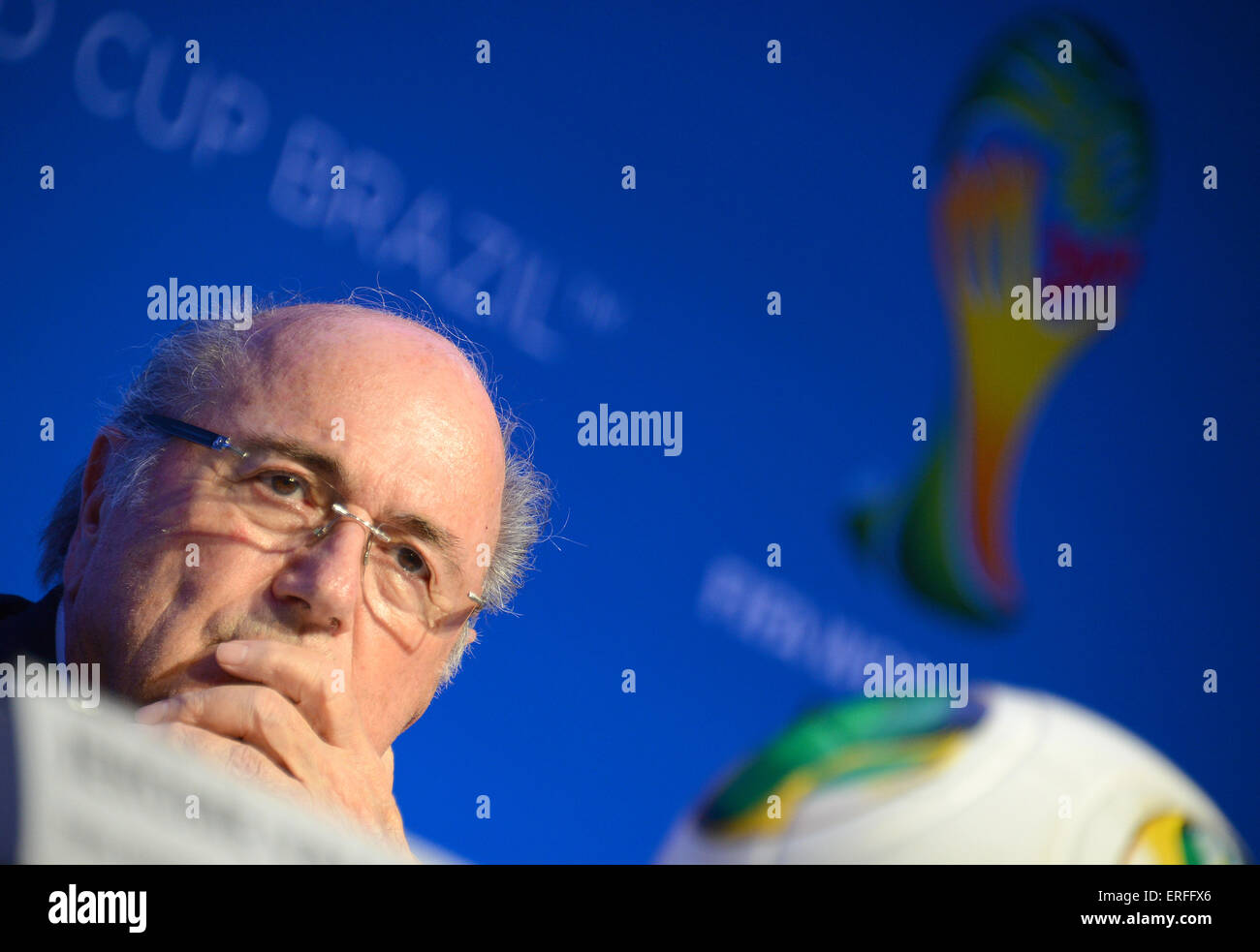 FIFA president Joseph Blatter attends a press conference after the meeting of the Organising Committee for the FIFA World Cup 2014 in Costa do Sauipe, Brazil, 03 December 2013. The final draw for the preliminary round groups of the 2014 FIFA world cup Brazil will be held on 06 December 2013. Photo: Marcus Brandt/dpa Stock Photo