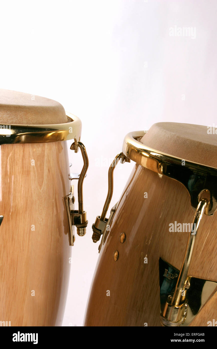 Congas pair of wood drums closeup of the heads, rims and wood