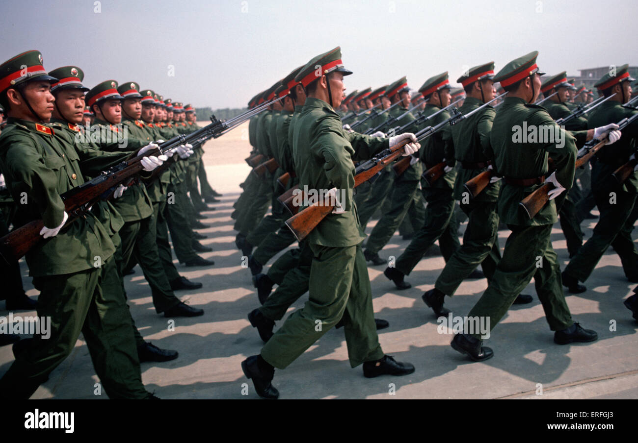 Peoples Liberation Army officers drilling at Shijiazhuang Military Academy, Hubei province, China, 1985 Stock Photo