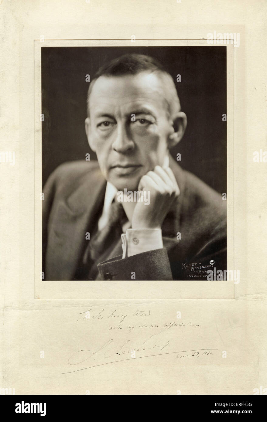 Sergei Rachmaninov - portrait with handwriting and signature.  Inscription 'To Sir Henry Wood with my sincere appreciation, Stock Photo