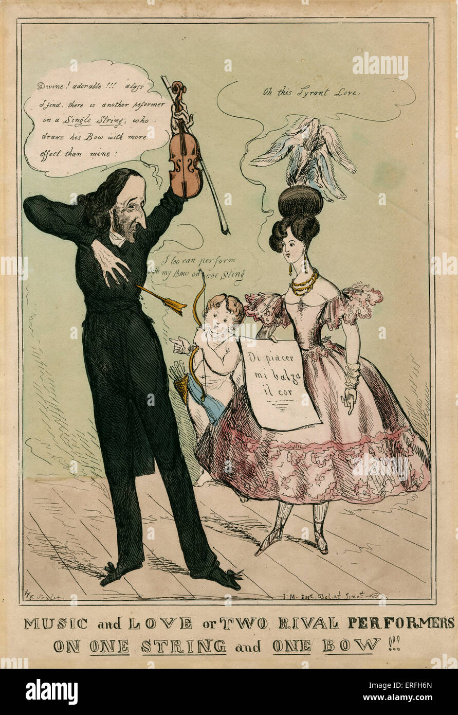 Niccolo Paganini - portrait caricature of the Italian violinist and composer and Charlotte Watson, titled 'Music and Love, or Stock Photo