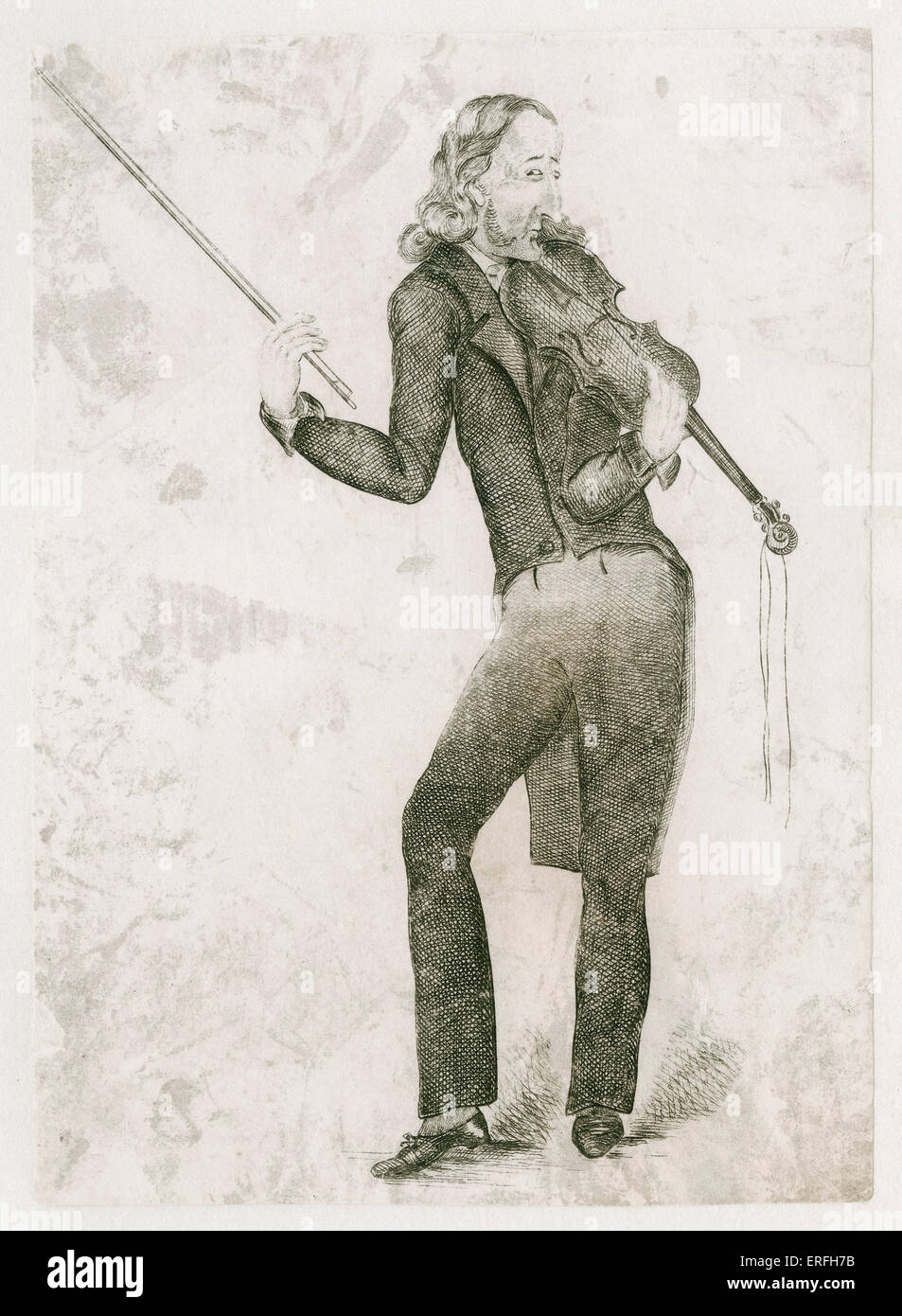 Niccolo Paganini - caricature portrait of the Italian violinist and composer playing the violin on a single string. Engraving, Stock Photo
