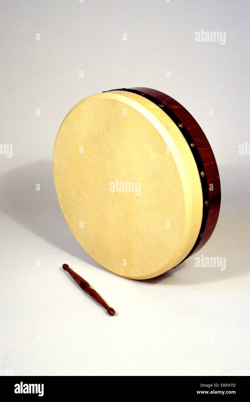 Bodhran with stick / beater - Irish drum used in folk music. Stock Photo