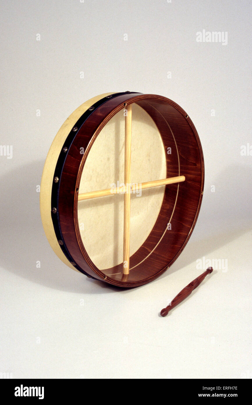 Bodhran with stick / beater - Irish drum used in folk music. Stock Photo
