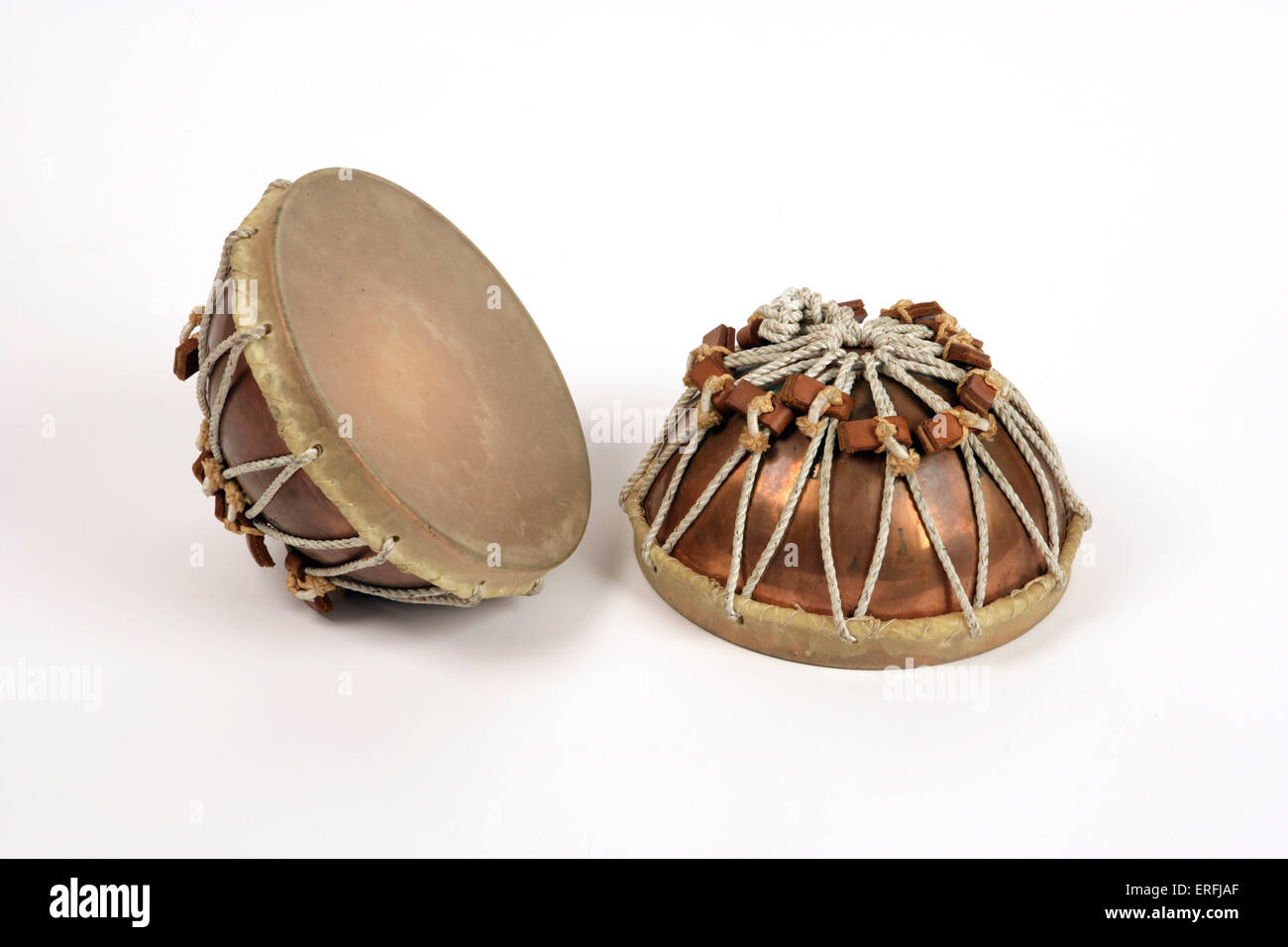 Pair of Nakers Earliest type of kettledrum from the far east.  White background. Stock Photo