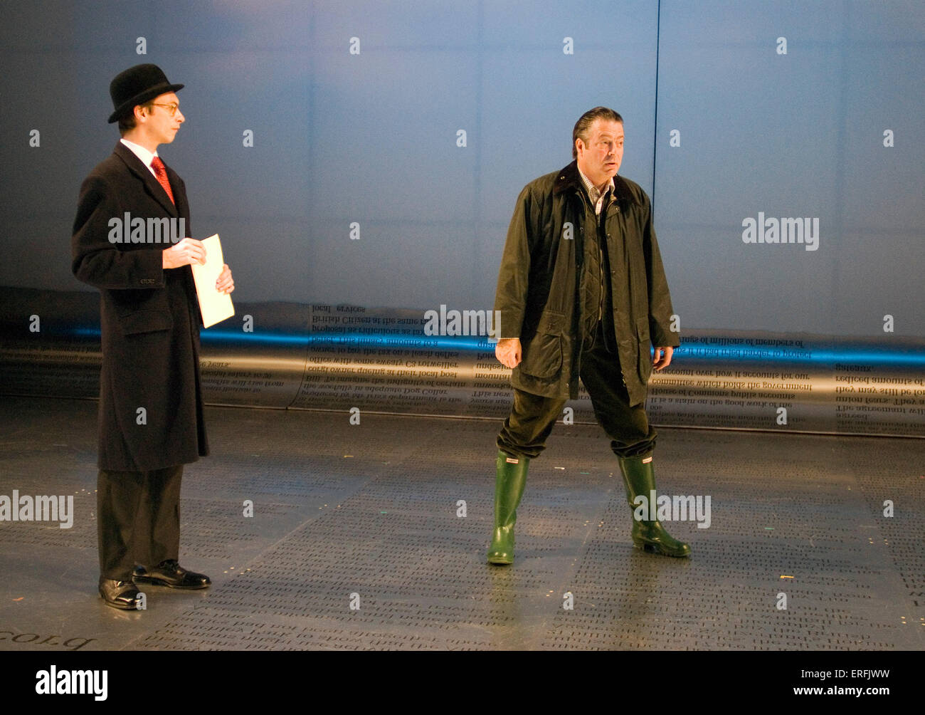 Howard Brenton and David Hare 's play Pravda at the Chichester Festival Theatre with Christopher Logan in bowler hat as Stock Photo