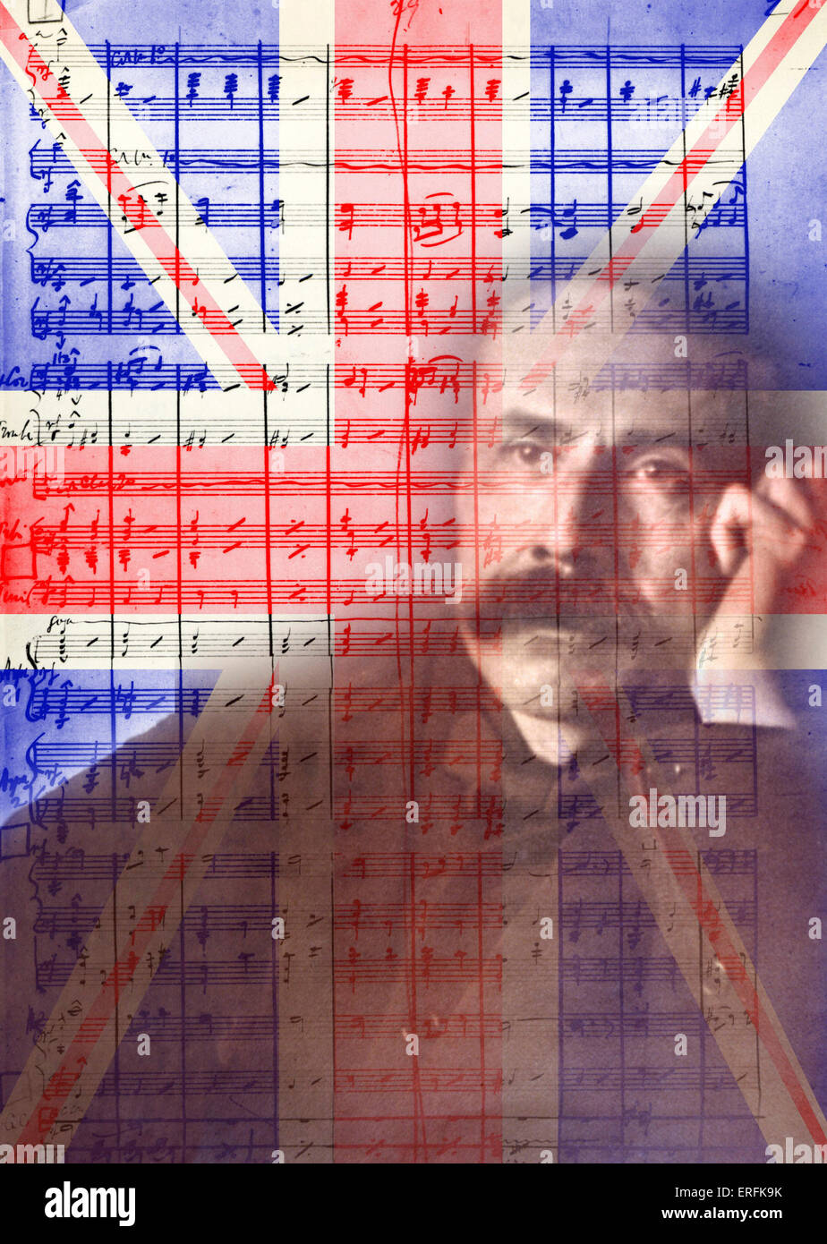 Edward Elgar - Pomp and Circumstance composition. Anniversary composite photo. English composer, 2 June 1857 -23 February 1934. Stock Photo