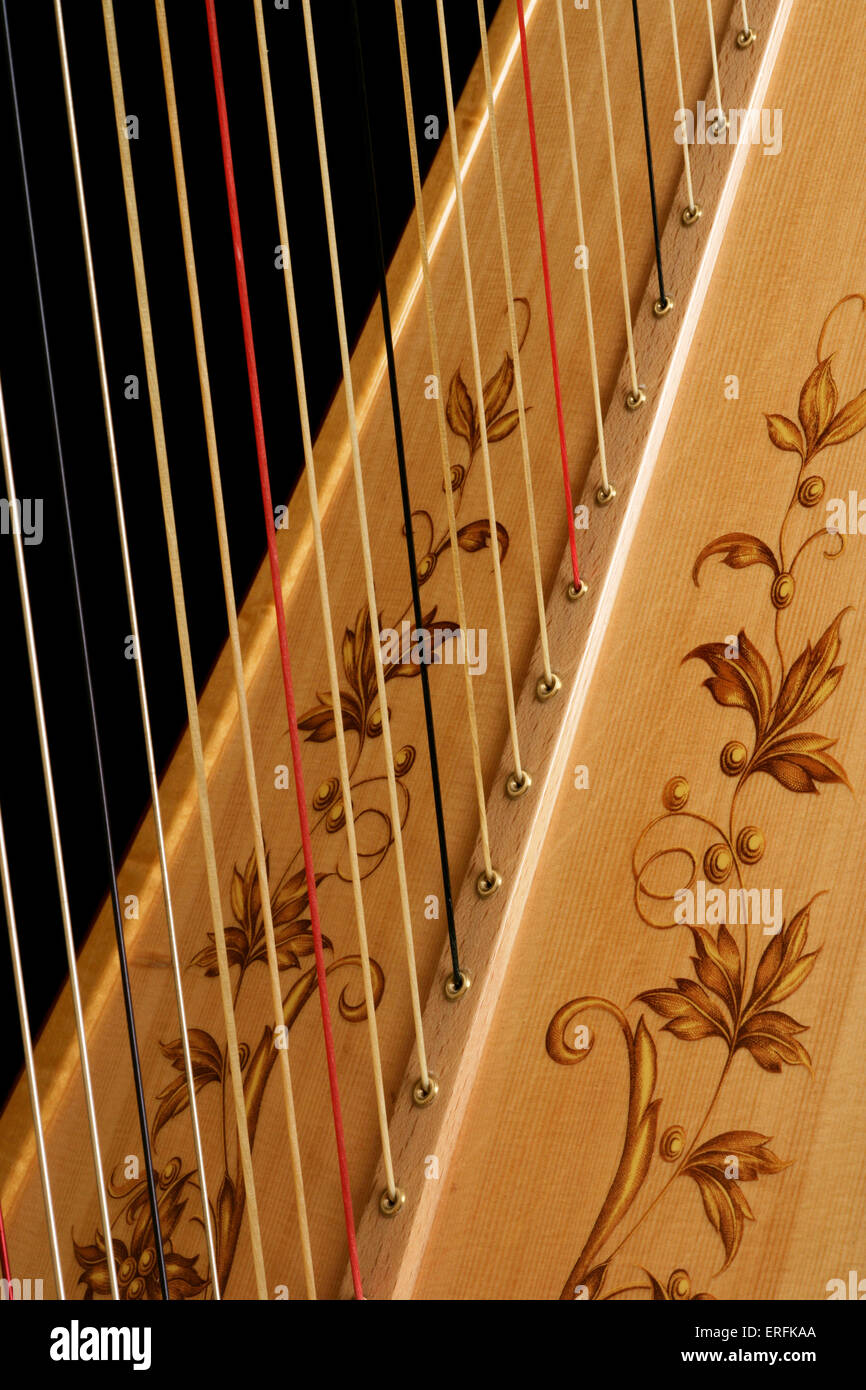 Concert harp of German origin closeup of detail showing tuning pegs