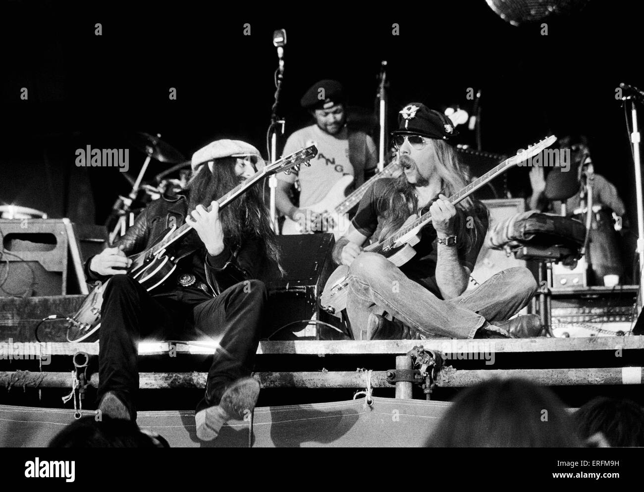 The Doobie Brothers - the American rock group performing at the 1977 Reading Festival. Front: guitarists Patrick Simmons (left) Stock Photo